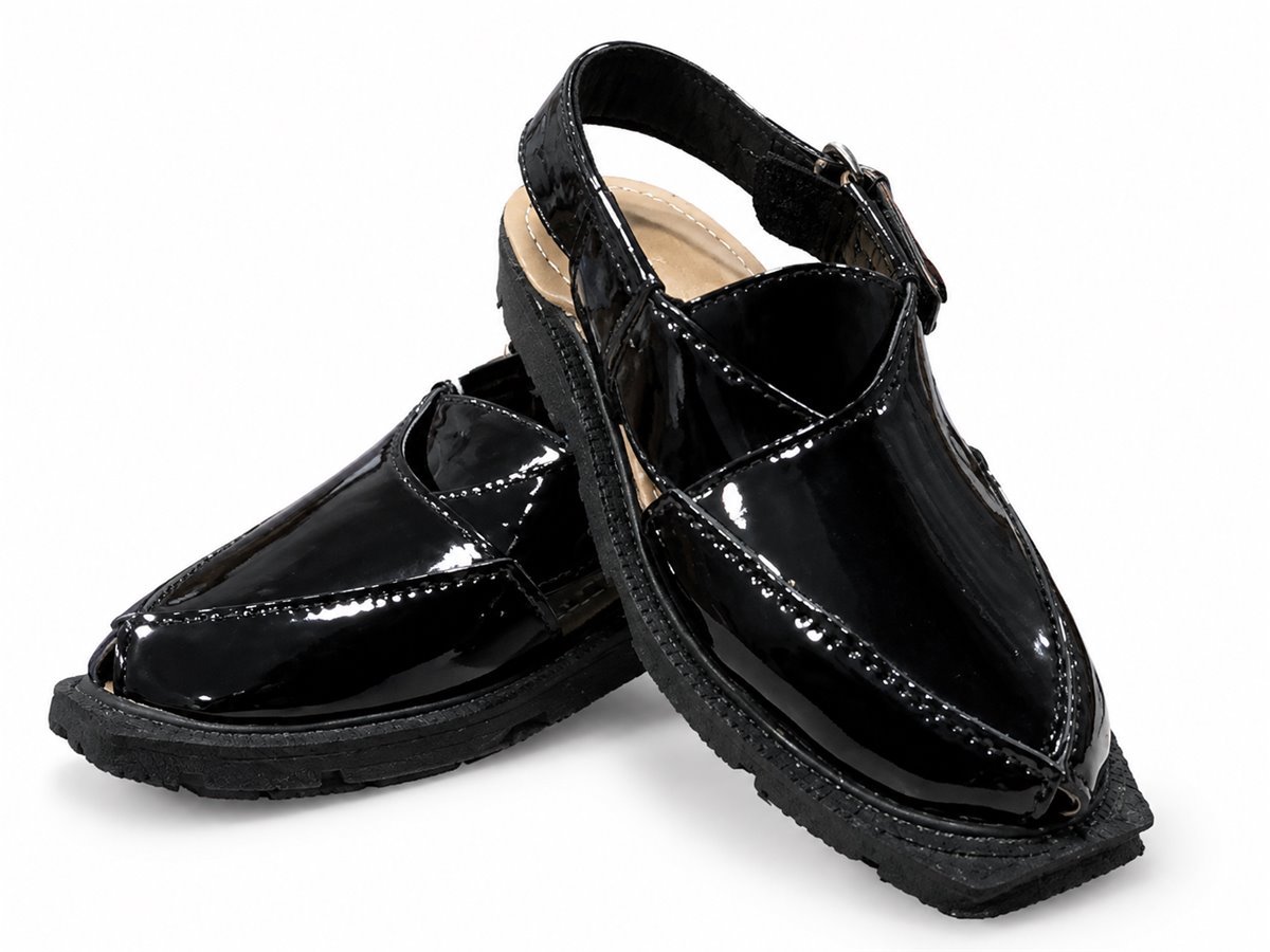 Black glossy Peshawari chappal for boys - photo 1