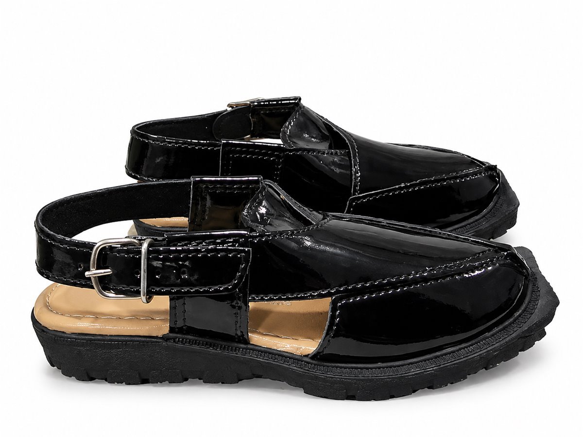 Black glossy Peshawari chappal for boys - photo 2