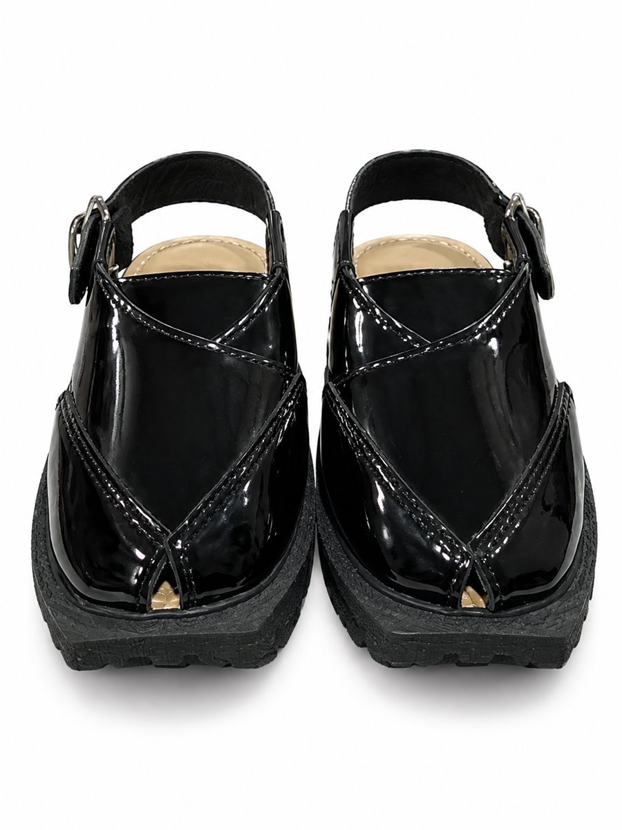 Black glossy Peshawari chappal for boys - photo 4