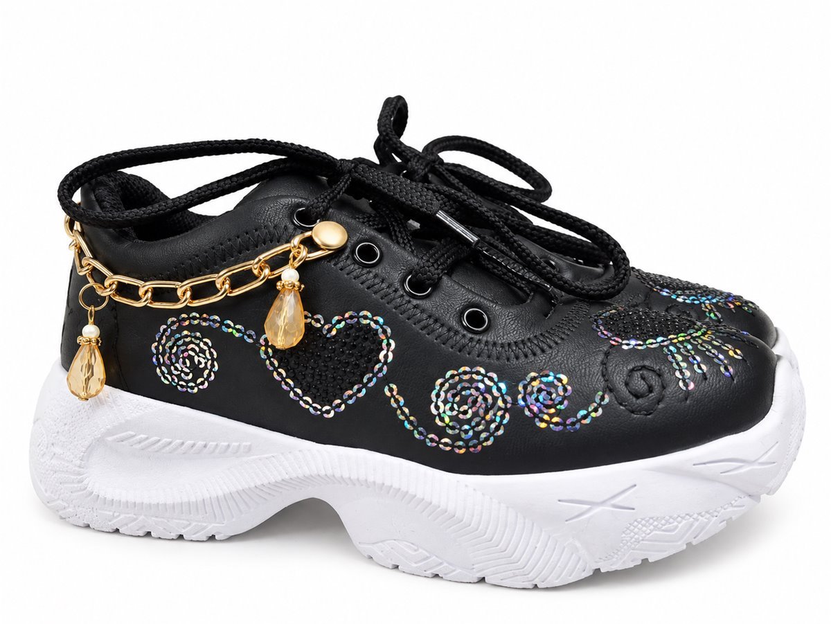 Black sparkle heart sneakers with charm chain for girls - photo 3
