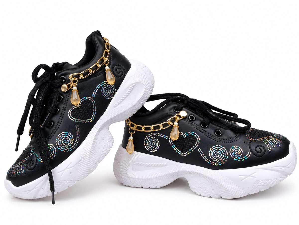 Black sparkle heart sneakers with charm chain for girls - photo 1